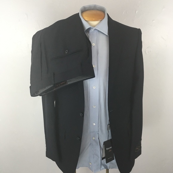 New tiglio 2 piece 36r mens suit solid navy 100% wool 2 button side vents ea0172